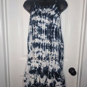 Raviya Navy & White Tie-Dye Maxi Dress with Eyelet Accents
